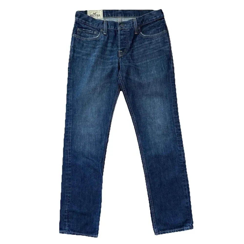 Hollister Mens Jeans 30x30 (Fits 32 Waist) Button Fly Blue Dark Wash Denim Pants